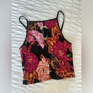 Tropical Floral Black Pink Smocked Crop Tank Top High Neck Halter Xhilaration XS